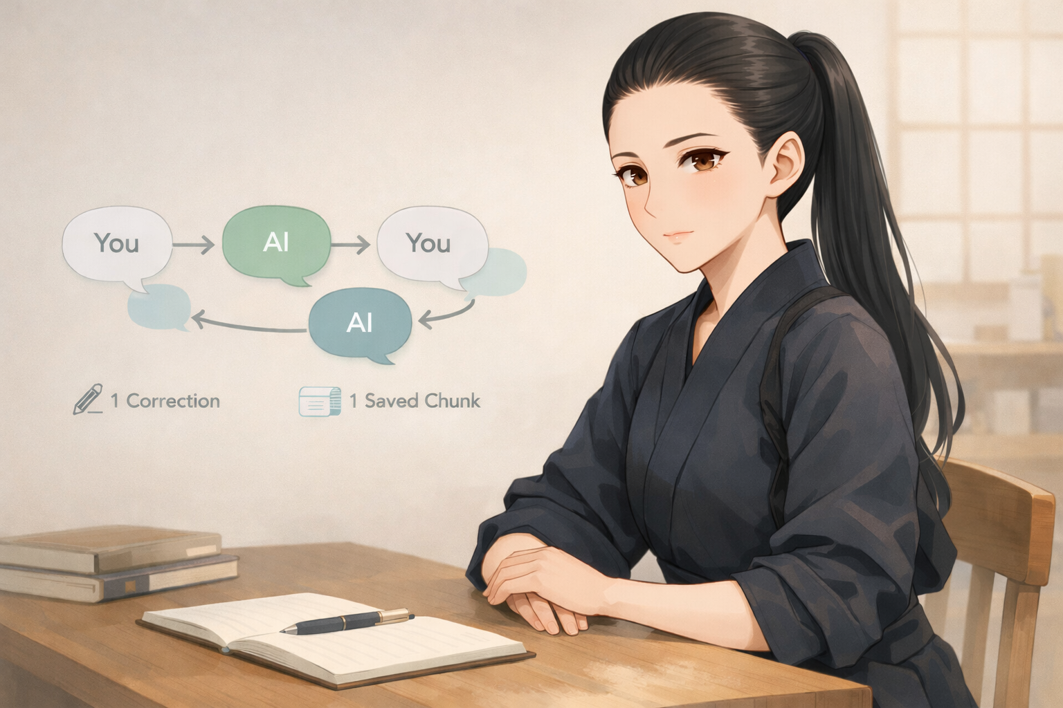 Chiyo, a quiet Japanese fox-blooded teacher, sitting at a wooden desk and looking at a simple 3-turn Japanese conversation loop diagram with speech bubbles, correction, and chunk-saving icons.