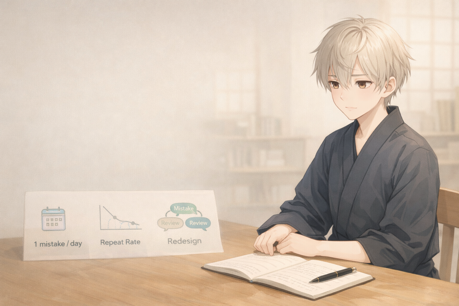 Japanese woman with a calm expression sitting at a wooden desk with an open notebook, while a simple “You ↔ AI” conversation flow diagram and icons for “1 Correction” and “1 Saved Chunk” appear in the background.