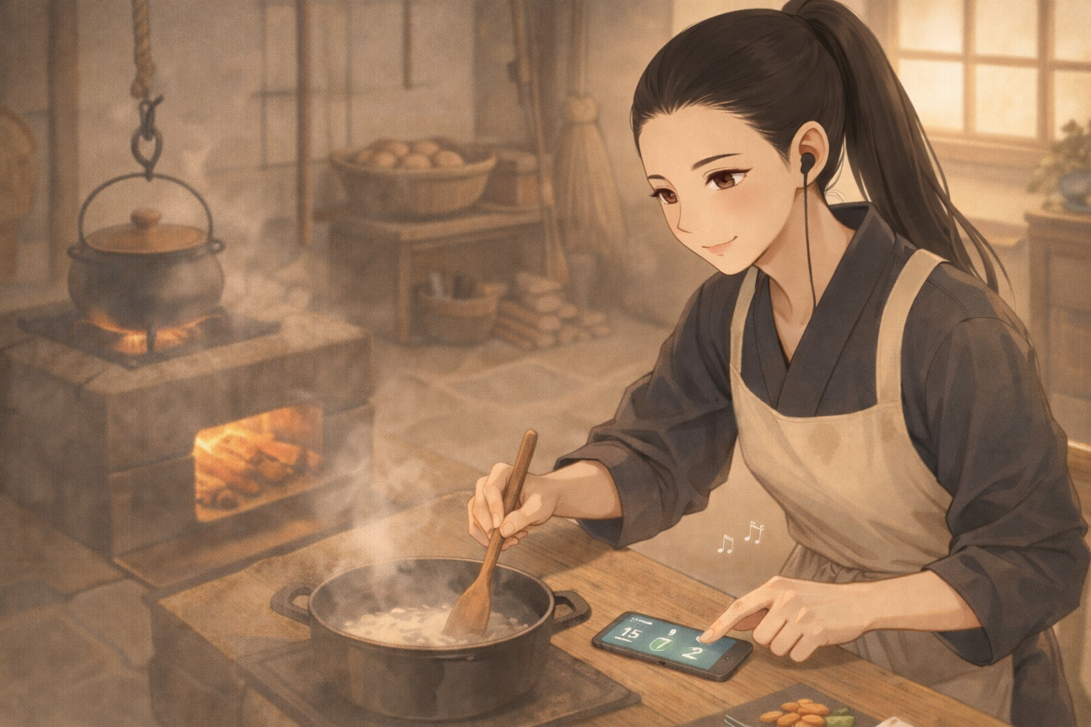 Semi-realistic anime illustration of Chiyo, a fox-blooded Japanese teacher, cooking in a warm kitchen while listening with one earphone. She stirs a pot with one hand and taps a phone timer showing 15 / 7 / 2 minute options, symbolizing a flexible minimum-viable shadowing routine for busy days.