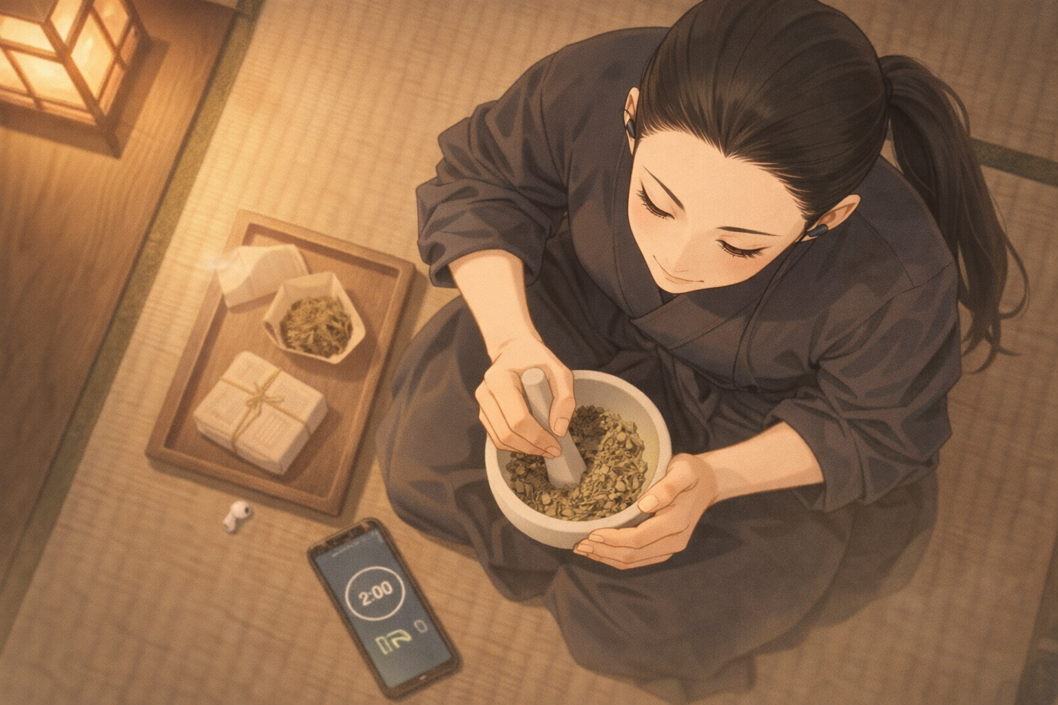 Chiyo, a fox-blooded Japanese teacher, grinding herbal medicine while listening to a 2-minute Japanese shadowing session on her phone.