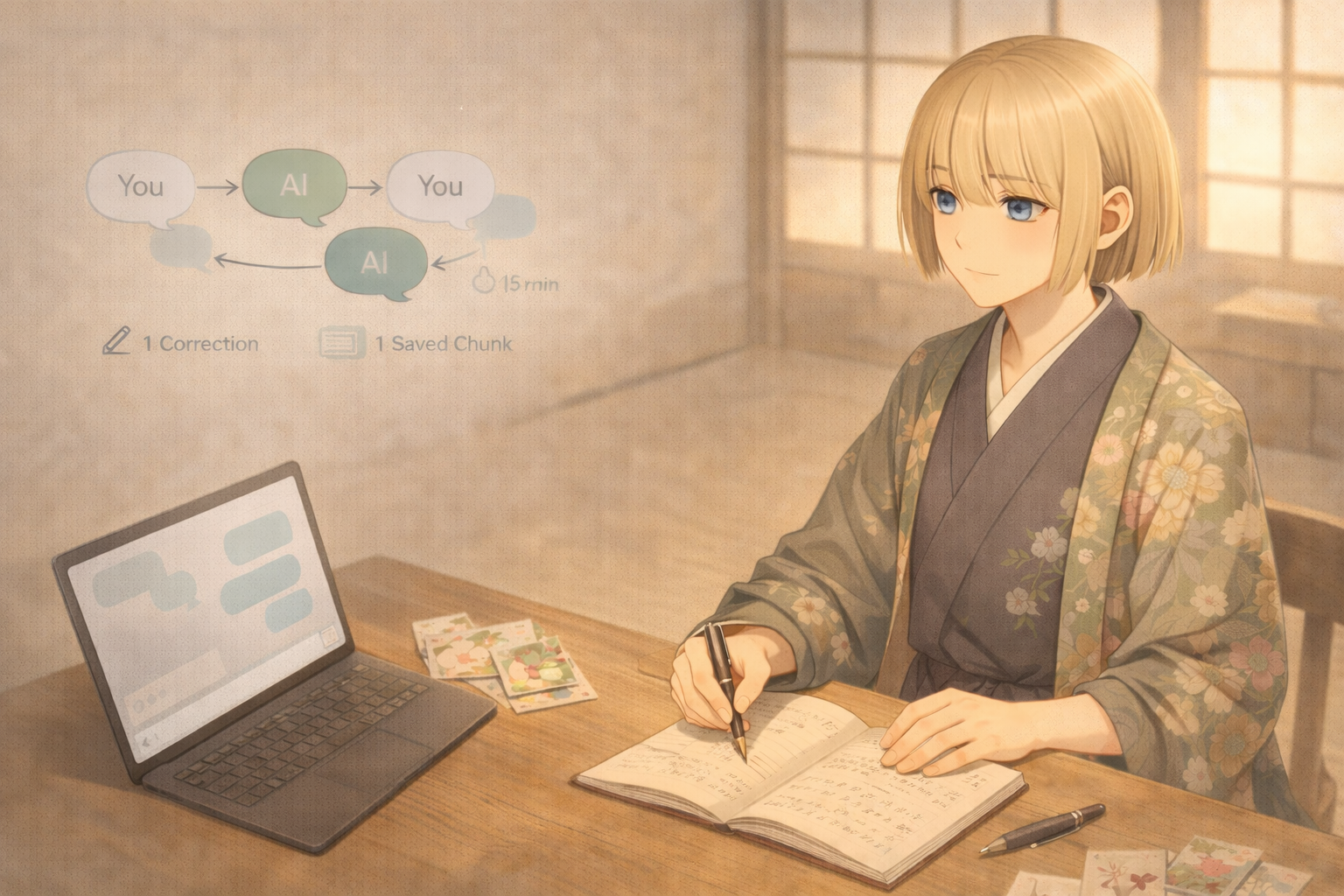 Mihiko, an androgynous blonde student in a floral kimono, practicing solo Japanese conversation with a notebook and AI chat in a calm tatami room.