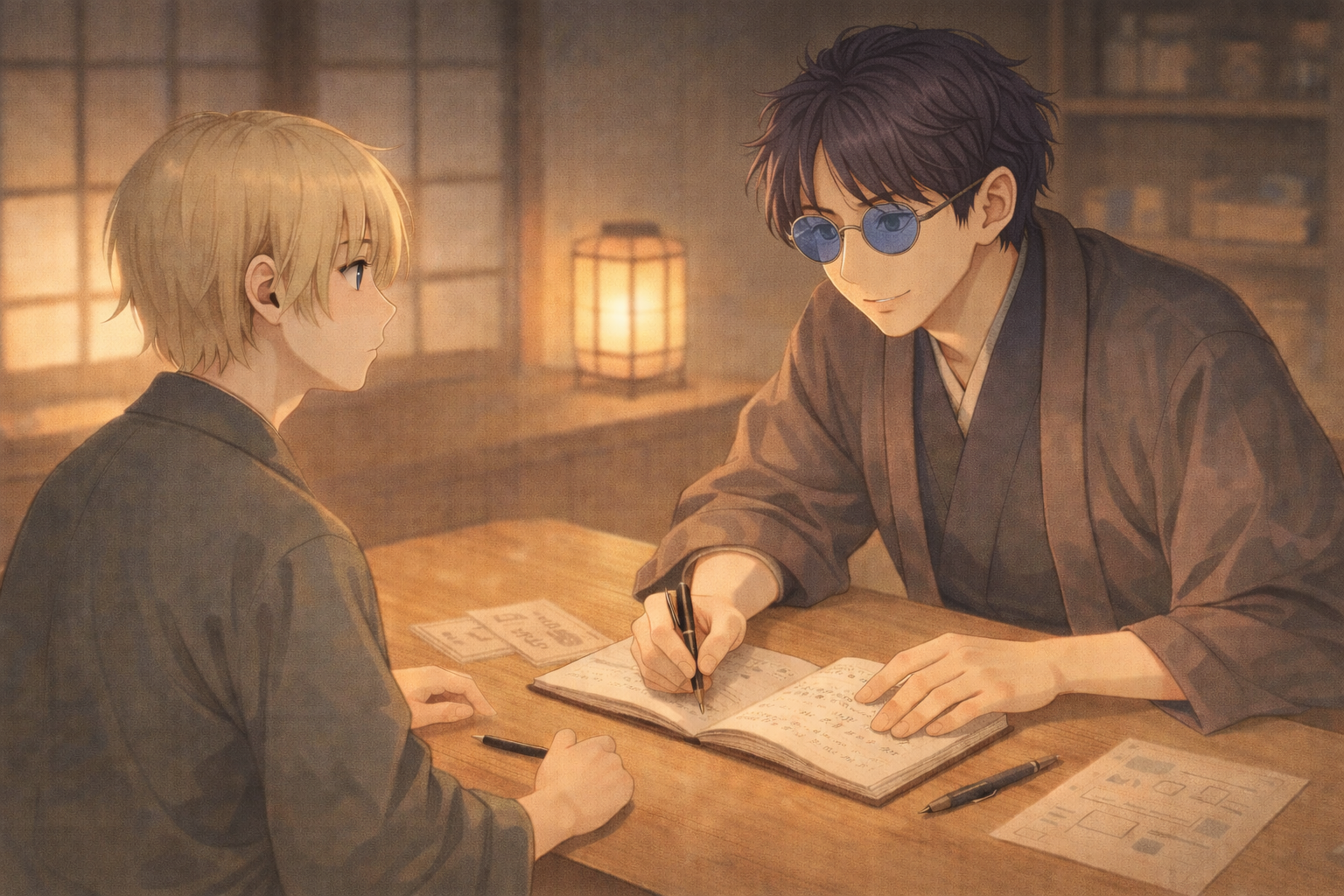 Headmaster Shouroku reviewing a Japanese mistake notebook with student Ten across a wooden desk during a warm lamplit weekly review session.