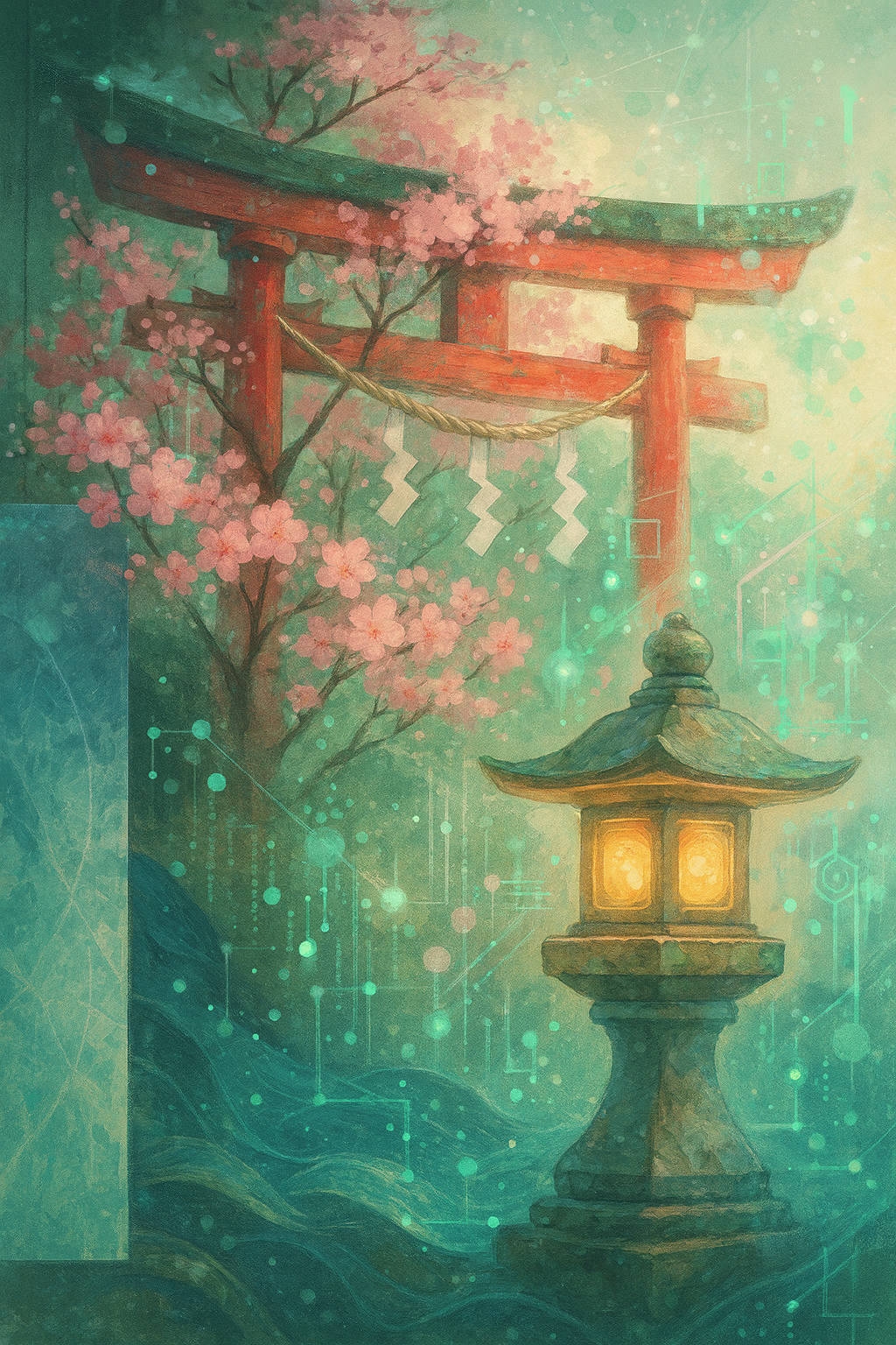 A featured image combining Japanese culture, subculture, and AI aesthetics, with a torii gate, sakura blossoms, and digital elements blended in a soft, fantasy-inspired style.