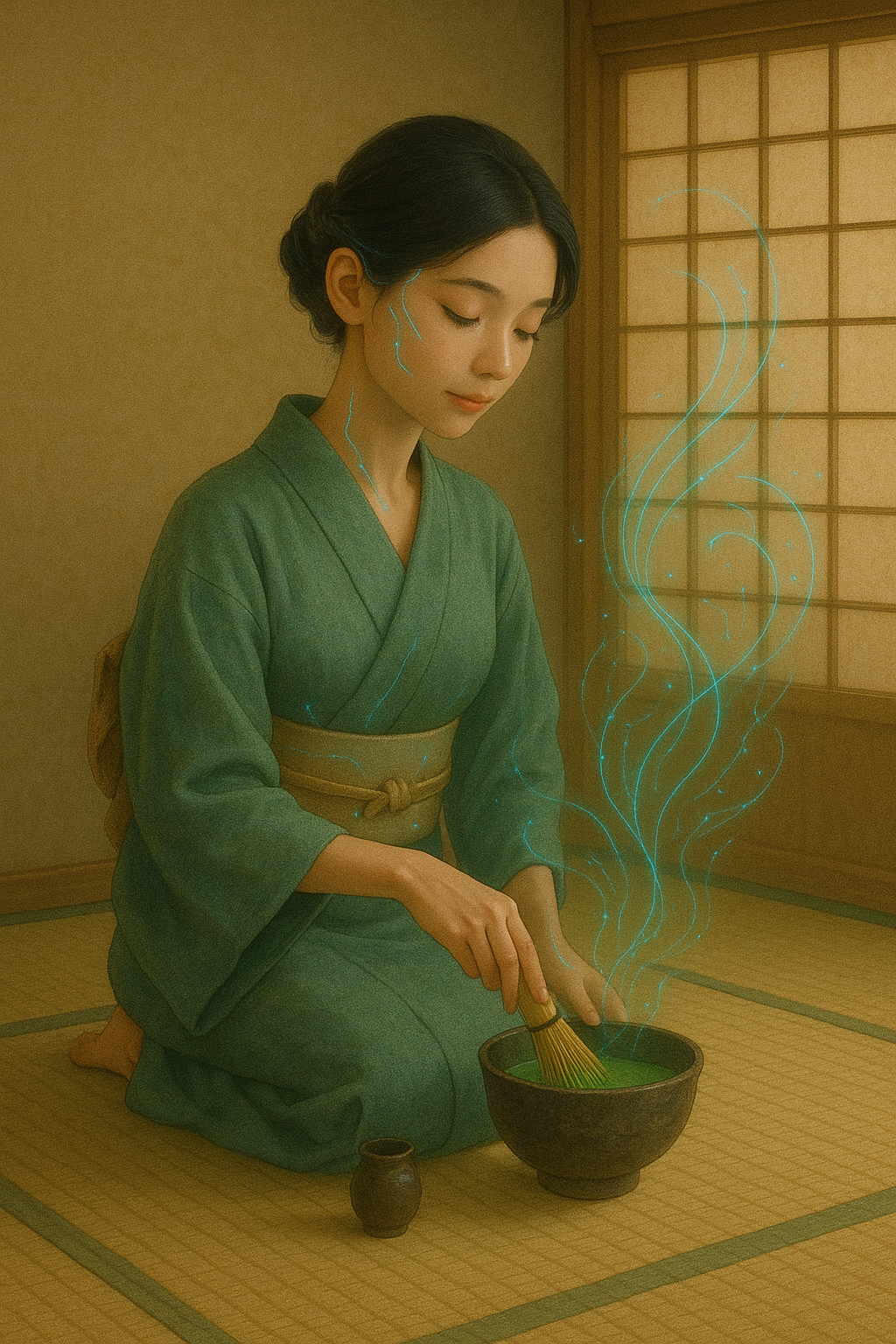 A serene digital painting of a Japanese woman performing the tea ceremony in a traditional tatami room. She wears a green kimono and gently whisks matcha, while soft blue AI-inspired holographic lines rise from the bowl, blending tradition with futuristic beauty.