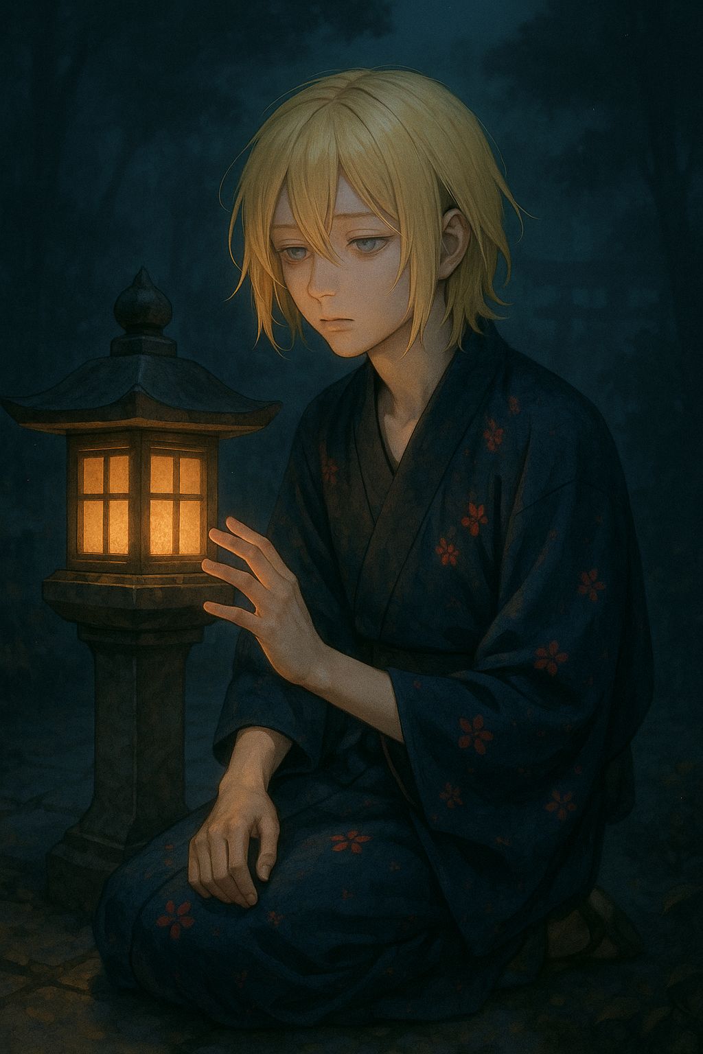 A young boy with pale blond hair wearing a navy kimono with red floral patterns sits quietly beside a softly glowing stone lantern at a nighttime shrine, gently reaching toward the light.