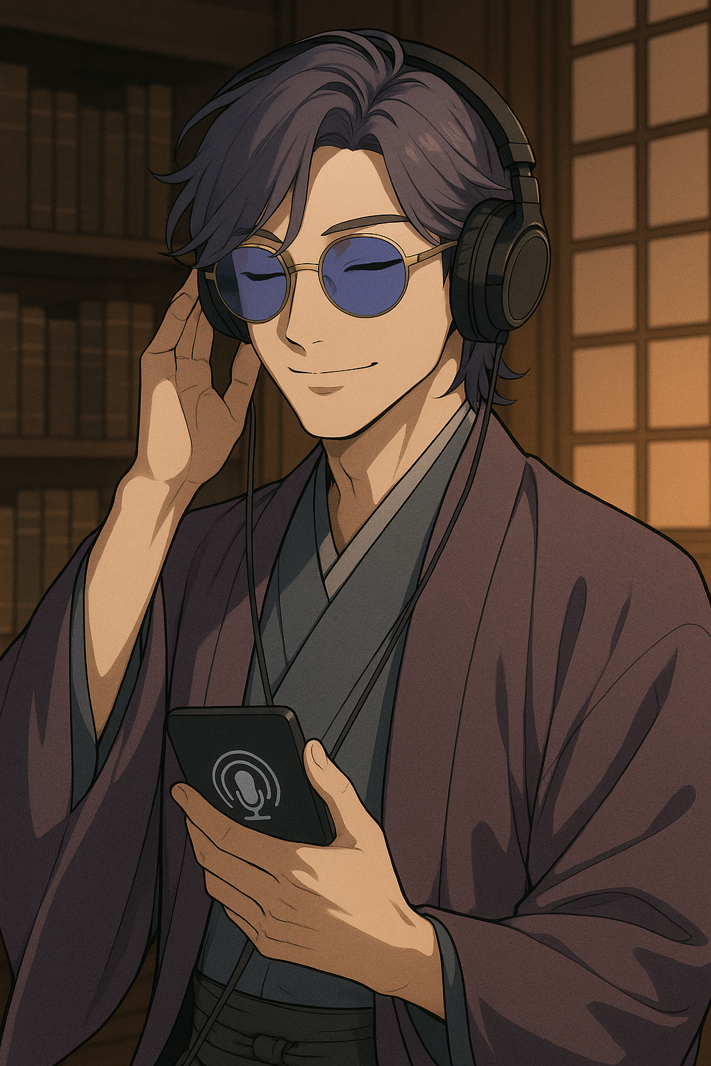 A tall, slim young Japanese man with soft permed gray-purple hair and pale blue sunglasses studies a language podcast with headphones in a traditional wooden study room, wearing a gray kimono and a muted dove-purple haori.