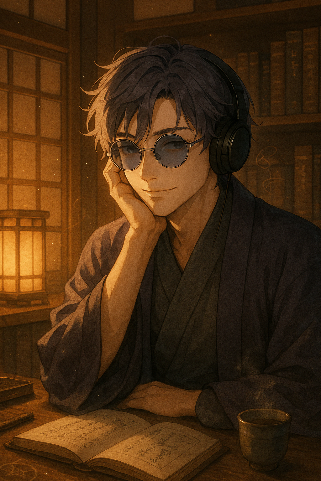 A semi-realistic anime-style illustration of a young Japanese man with wavy gray-purple hair and round blue-tinted sunglasses, sitting in a warm-lit study room while smiling softly in a mysterious and intelligent manner.