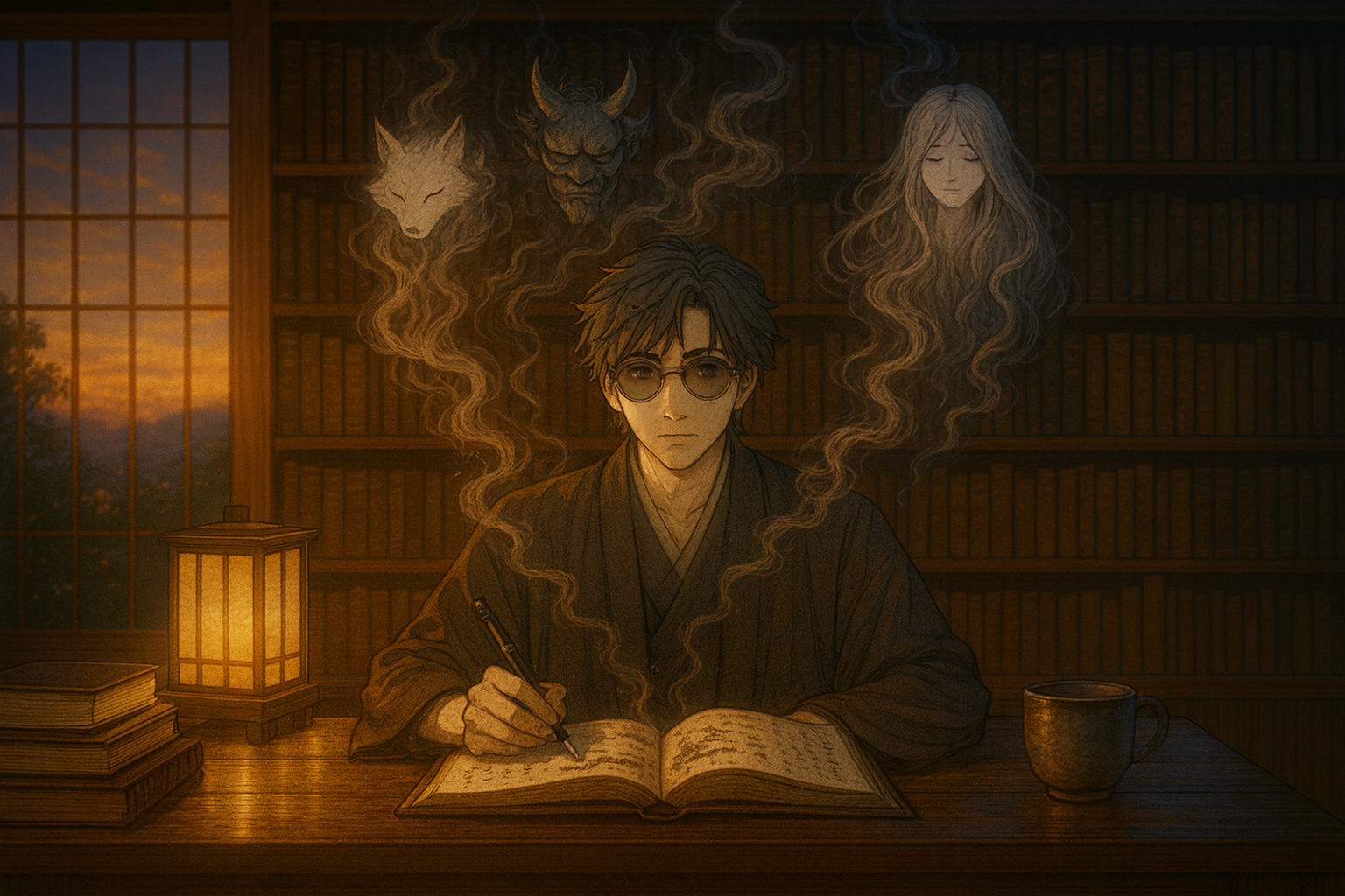 Young Japanese writer in kimono composing at a wooden desk as smoky yokai spirits rise from his notebook in a warm, lantern-lit library.