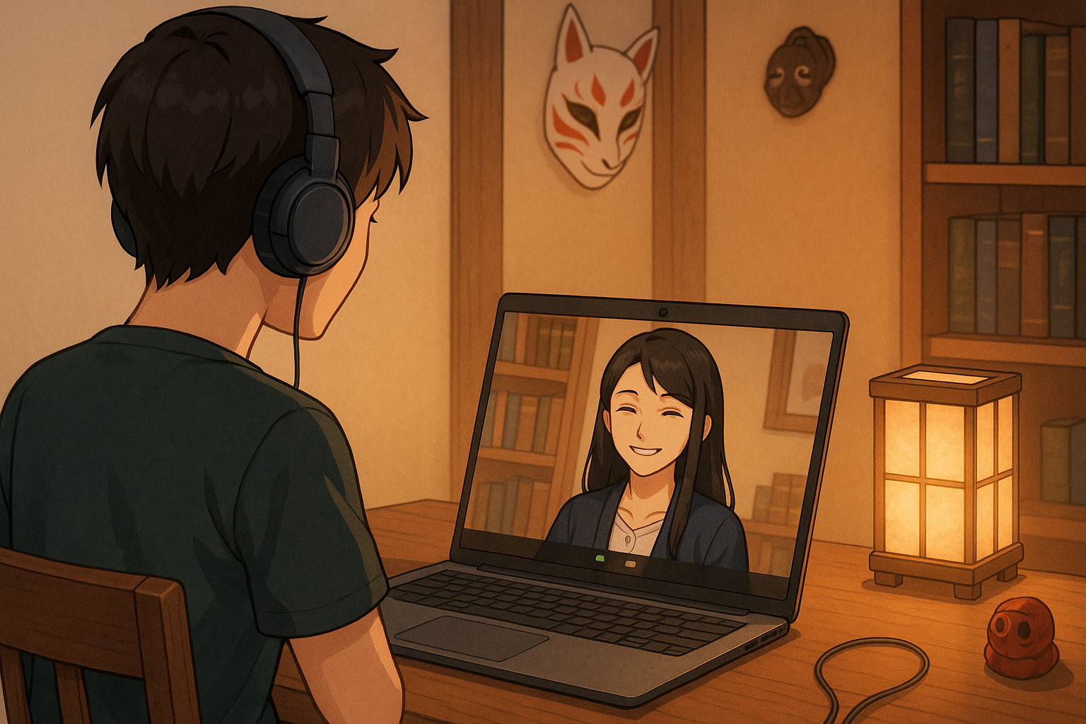 Online Japanese lesson with an overseas learner wearing headphones and talking to a smiling Japanese woman teacher on a laptop screen, in a warm room with a fox mask and yokai ornament.