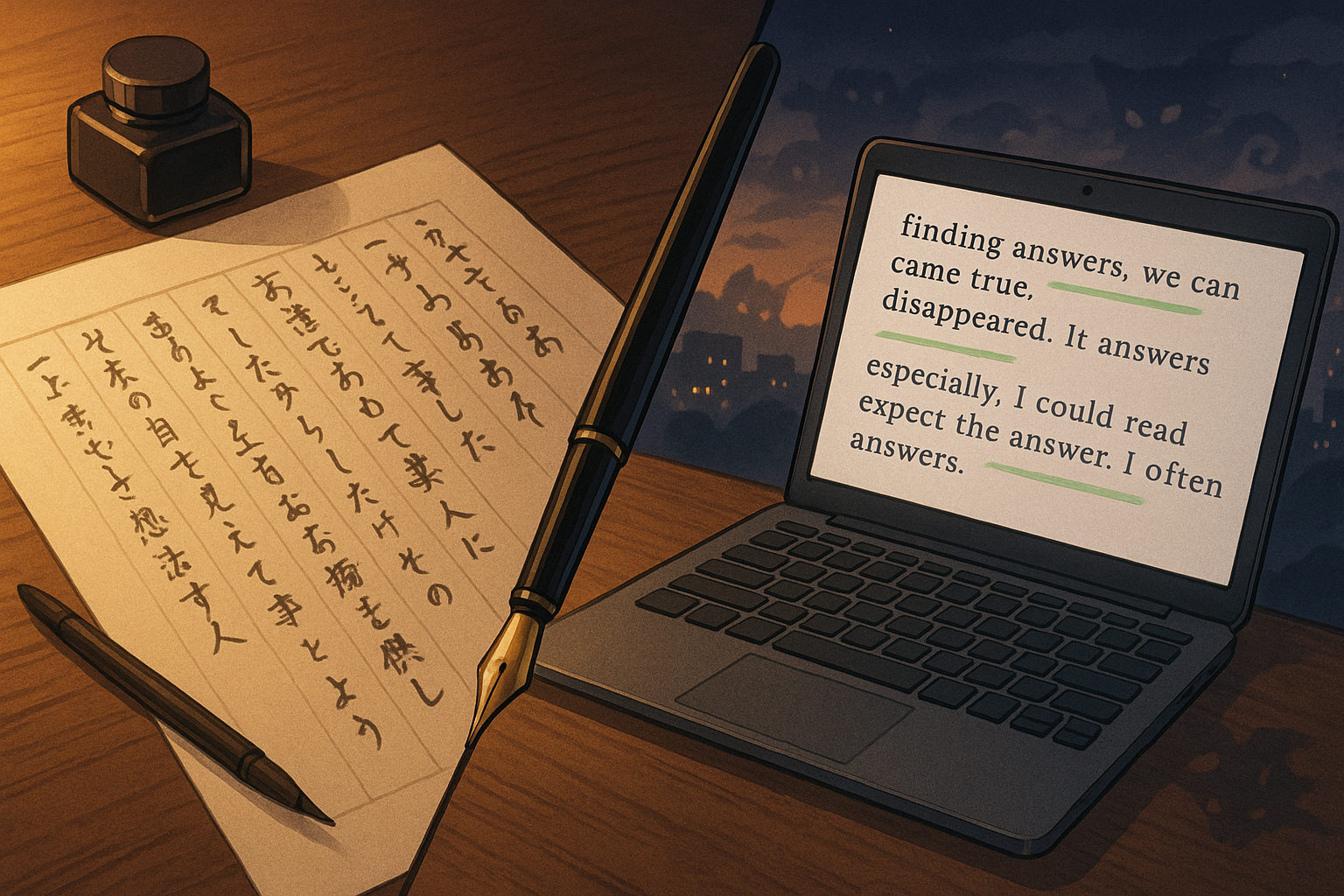 Split-screen of Japanese handwritten manuscript and English text on a laptop with green grammar highlights, connected by a fountain pen and subtle yokai shapes in the background.