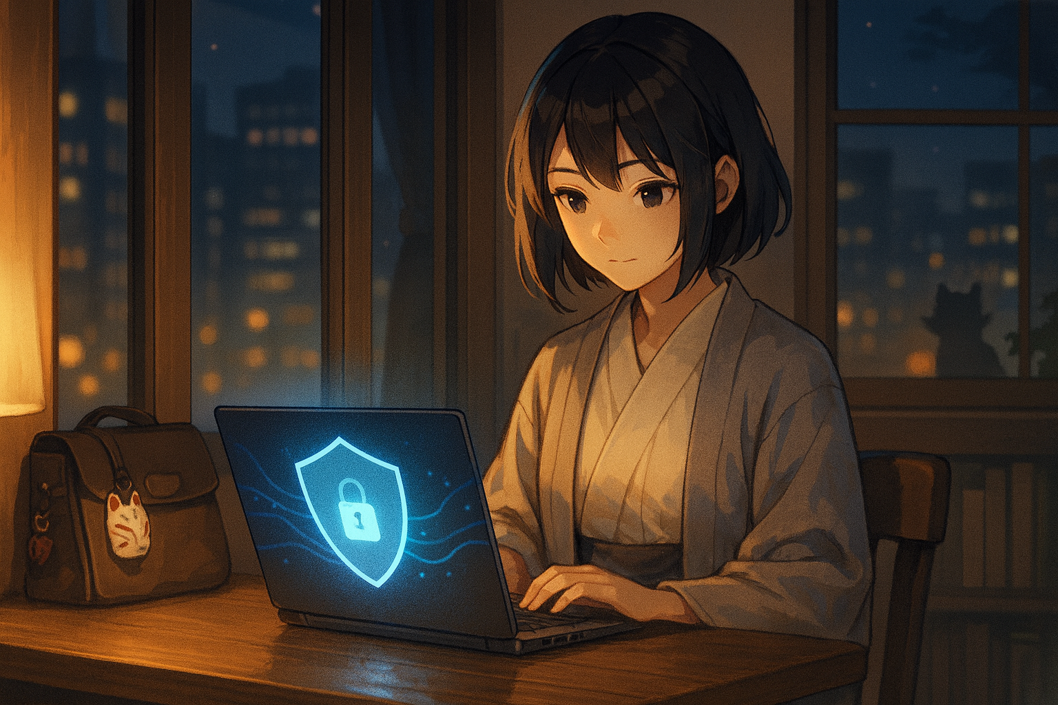 Anime-style Japanese fantasy writer working on a laptop in a warm Japanese room, symbolising safe online access to anime, Japanese study, and everyday browsing with NordVPN.