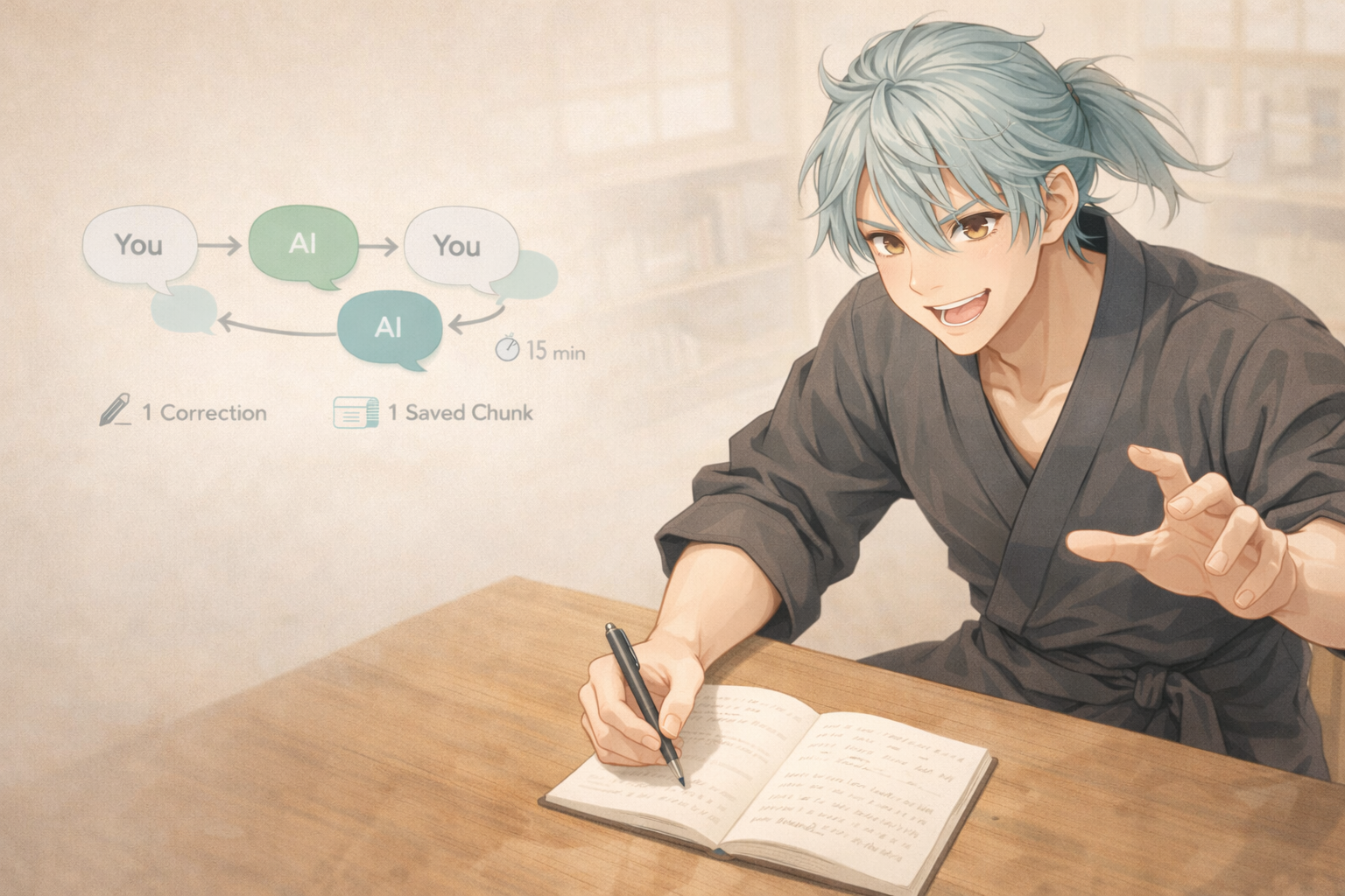 Energetic oni student taking notes for a Japanese shadowing routine, with a simple study infographic in the background.