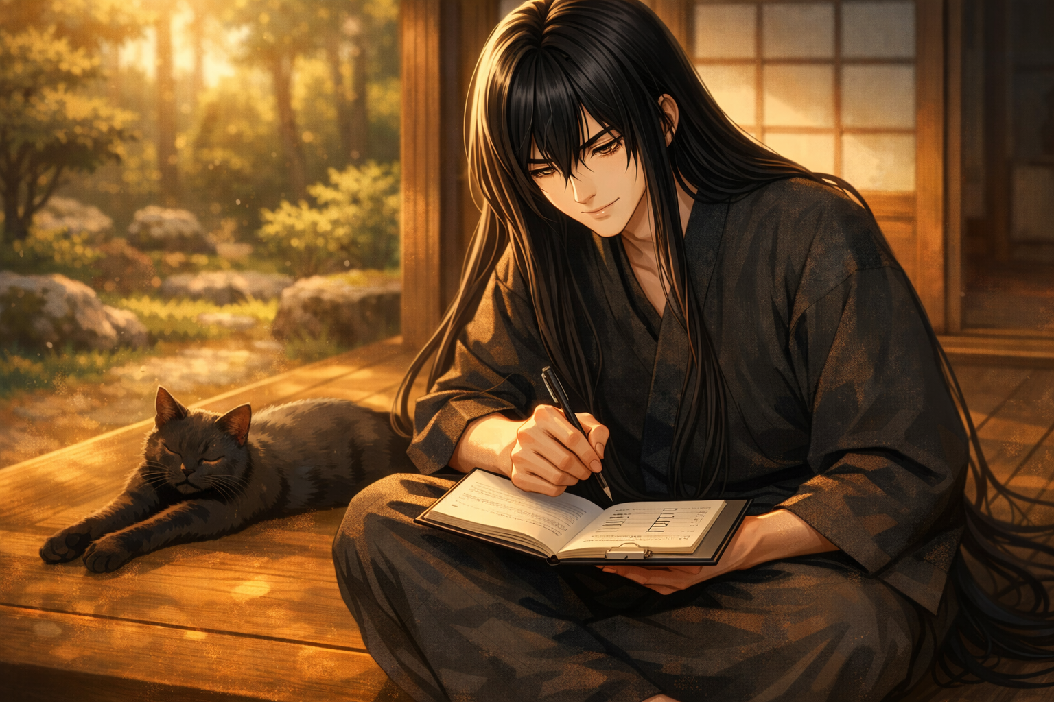 Kuon with long straight black hair studying Japanese with a material scoring toolkit on a wooden engawa while a black cat relaxes beside him.