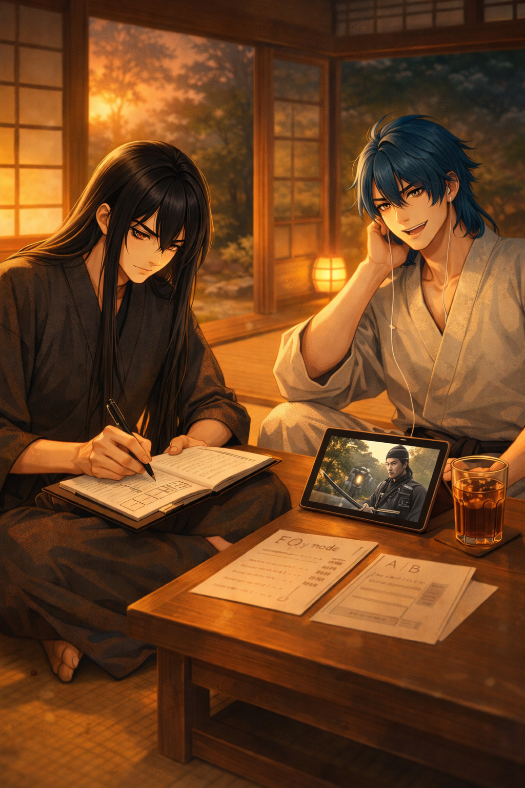 Kuon studying seriously while Dodo relaxes with anime, showing the A (Study) and B (Enjoy) sides of a Japanese learning system.