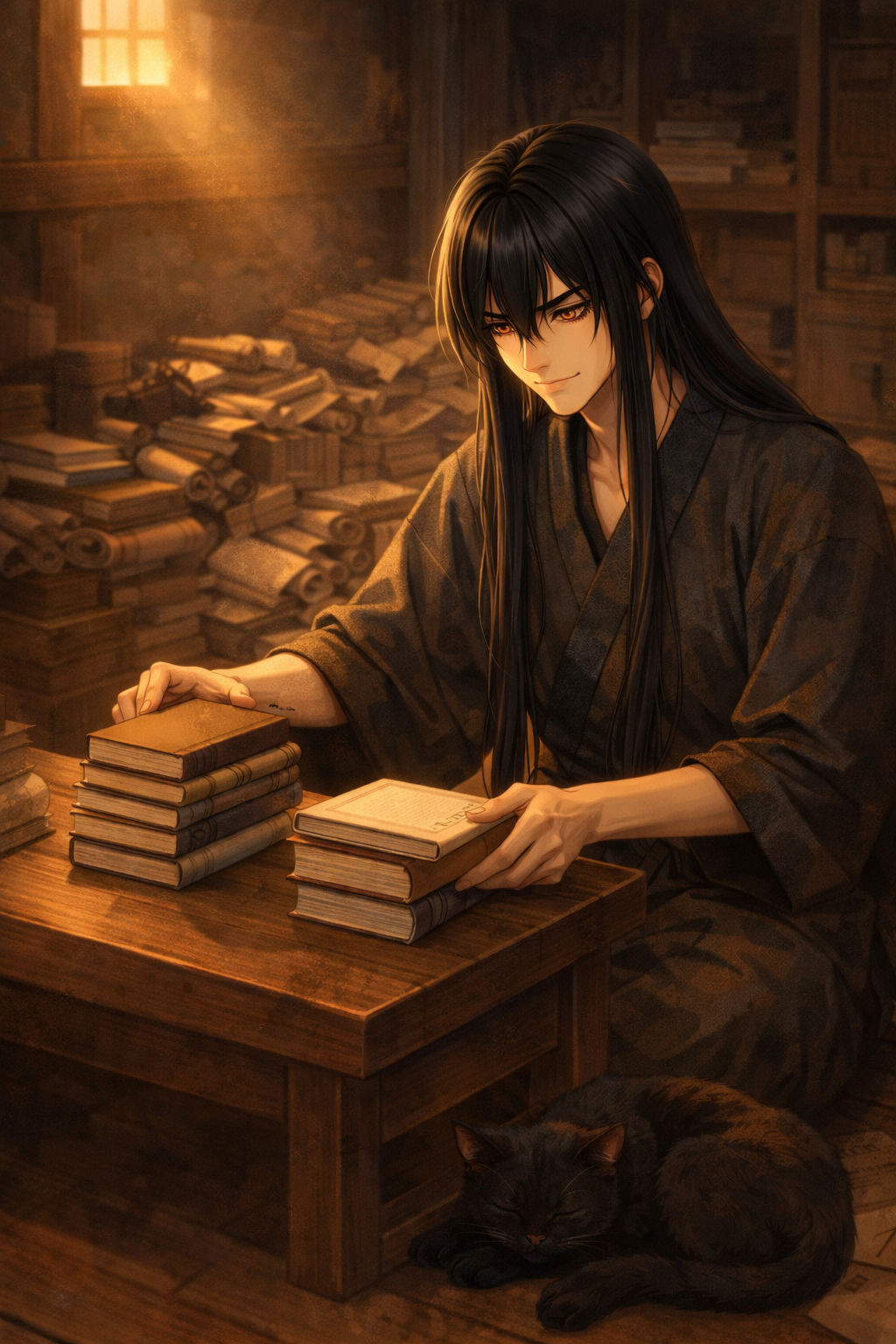 Kuon, a bake-neko teacher, calmly sorting Japanese study materials into two neat stacks inside an old wooden storehouse, with a black cat resting beside him.