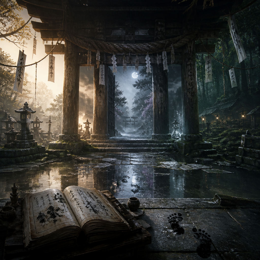 A mystical Japanese shrine at night — step into the world